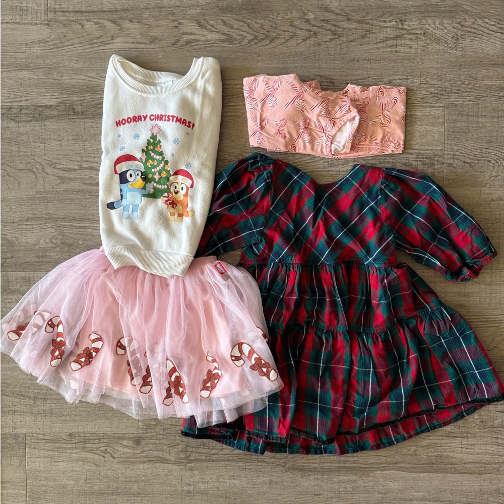 Pink Chicken Holiday Kids Set with Pink Tutu and Plaid Dress